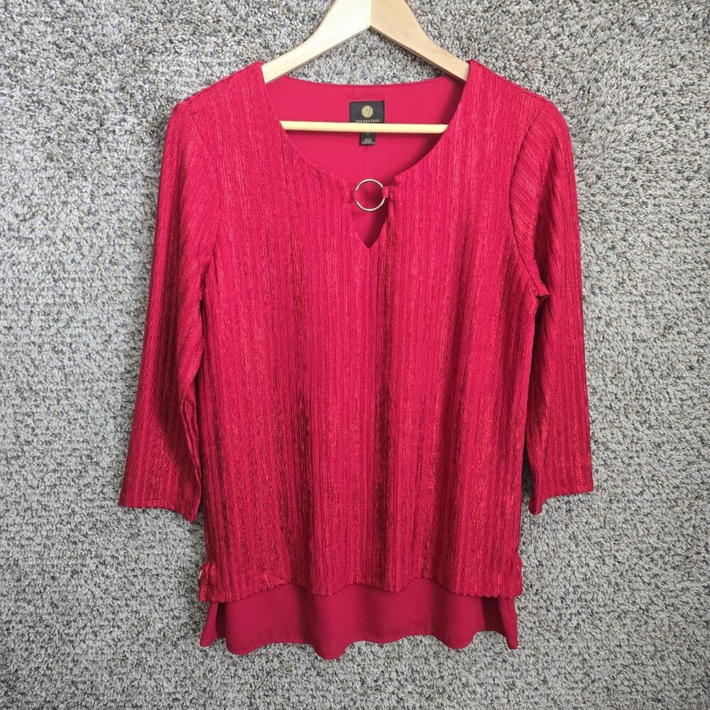JM Collection‎ Top Womens Small Red Textured Blouse Keyhole Neck Ladies